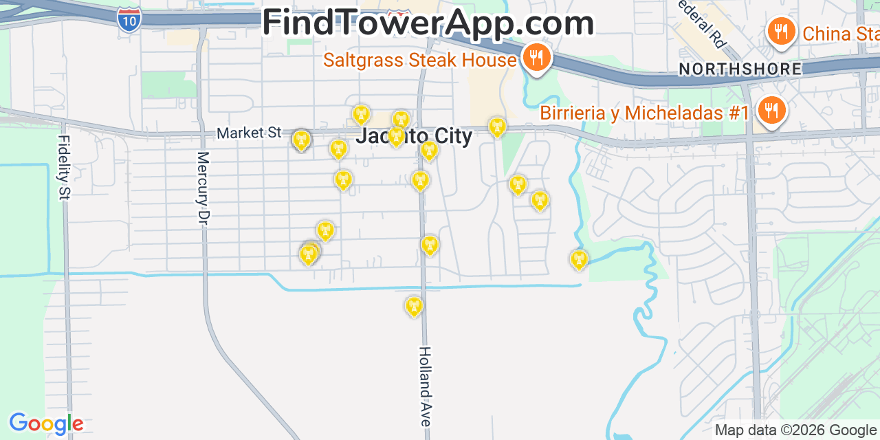 Map showing the 20 primary cell tower locations detected in Jacinto City, Texas from AT&T, Verizon, and T-Mobile networks