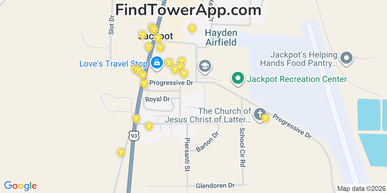 Map showing the 20 primary cell tower locations detected in Jackpot, Nevada from AT&T, Verizon, and T-Mobile networks
