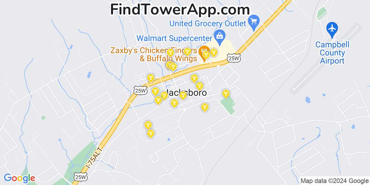 AT&T 4G/5G cell tower coverage map Jacksboro, Tennessee