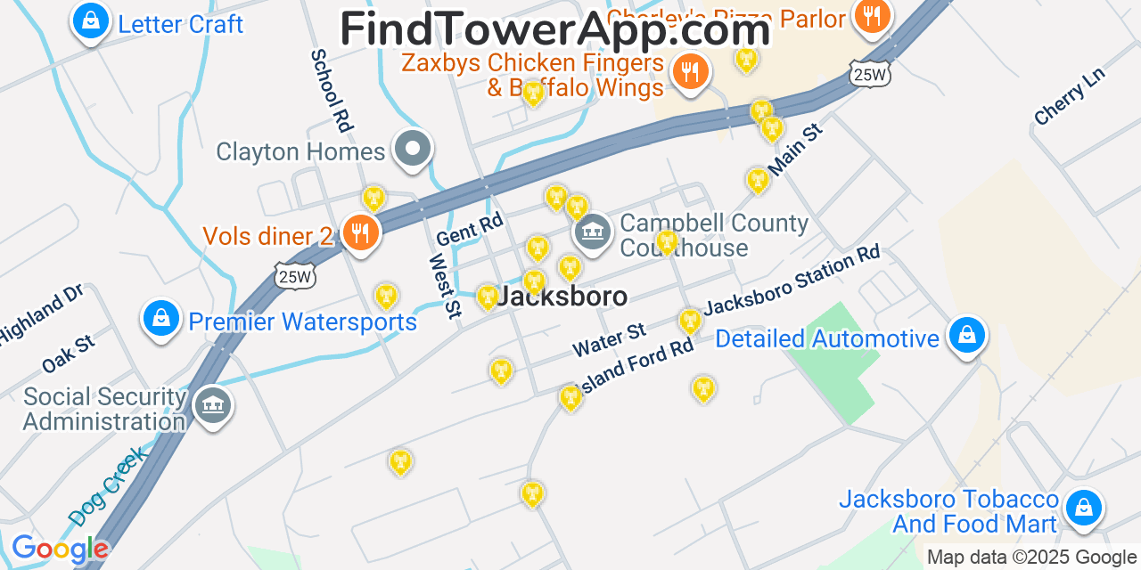 Map showing the 20 primary cell tower locations detected in Jacksboro, Tennessee from AT&T, Verizon, and T-Mobile networks