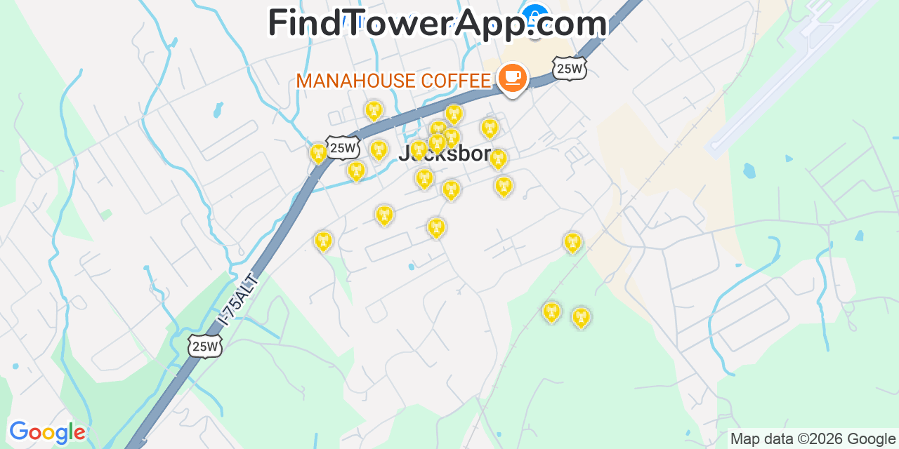Map showing the 20 primary cell tower locations detected in Jacksboro, Tennessee from AT&T, Verizon, and T-Mobile networks