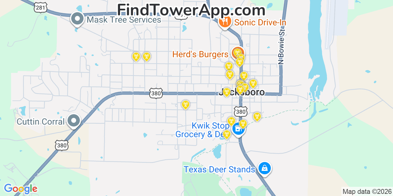 Map showing the 20 primary cell tower locations detected in Jacksboro, Texas from AT&T, Verizon, and T-Mobile networks