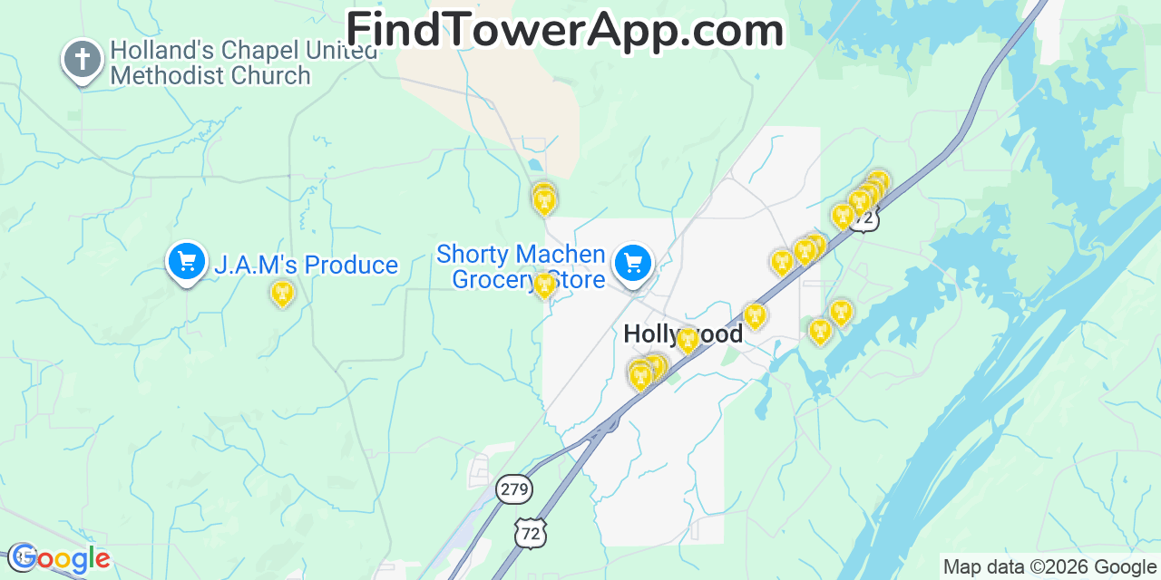Map showing the 20 primary cell tower locations detected in Jackson, Alabama from AT&T, Verizon, and T-Mobile networks
