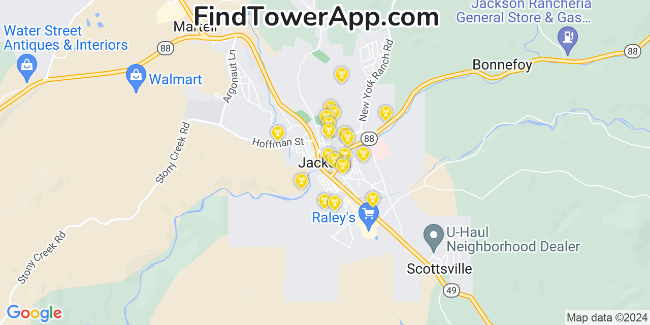 AT&T 4G/5G cell tower coverage map Jackson, California