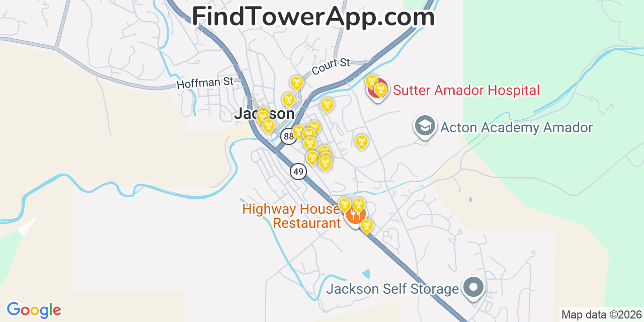 Map showing the 20 primary cell tower locations detected in Jackson, California from AT&T, Verizon, and T-Mobile networks