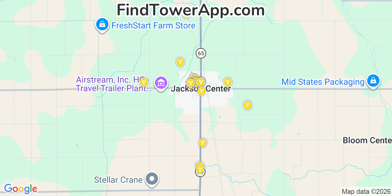 Map showing the 20 primary cell tower locations detected in Jackson Center, Ohio from AT&T, Verizon, and T-Mobile networks
