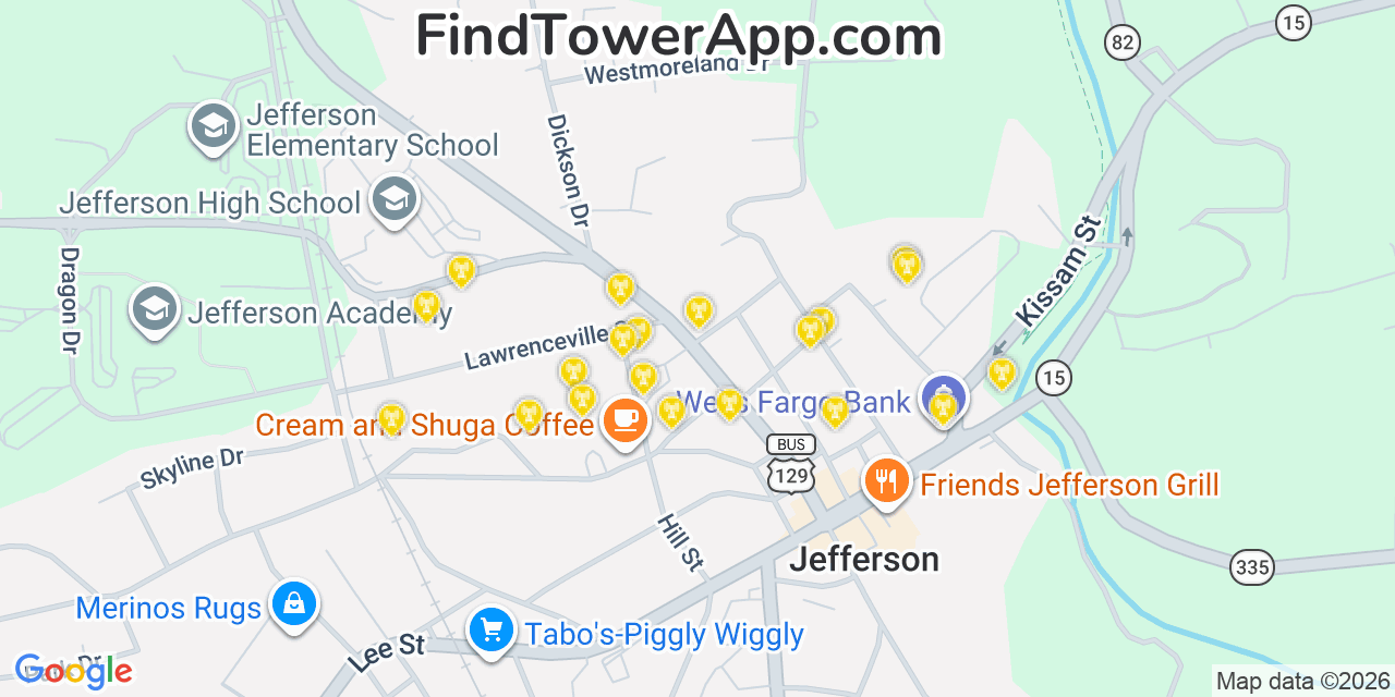 Map showing the 20 primary cell tower locations detected in Jackson, Georgia from AT&T, Verizon, and T-Mobile networks