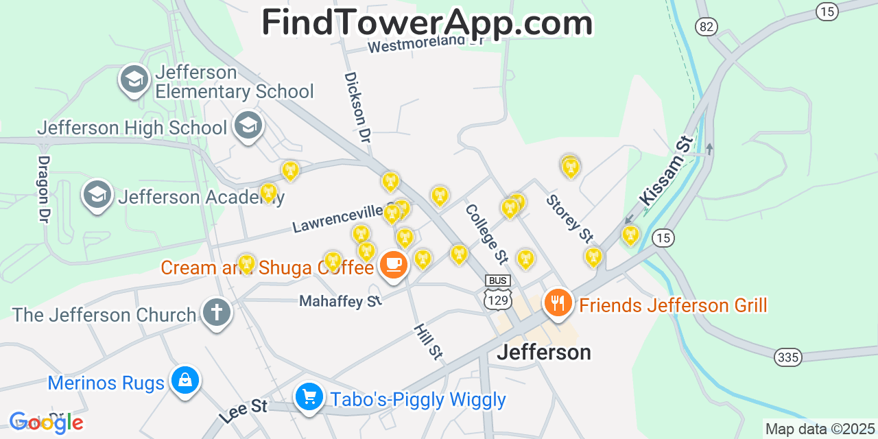 Map showing the 20 primary Mobitel cell tower locations detected in Jackson, Georgia with coverage radius and signal strength indicators