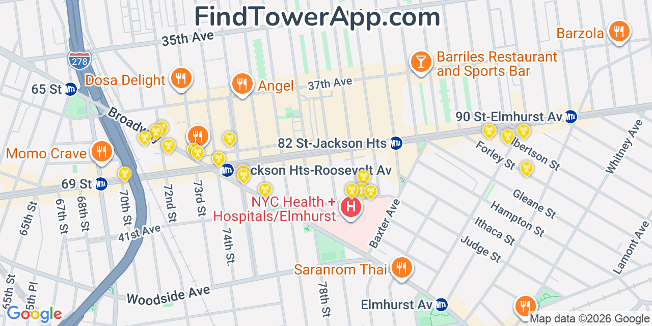 Map showing the 20 primary cell tower locations detected in Jackson Heights, New York from AT&T, Verizon, and T-Mobile networks