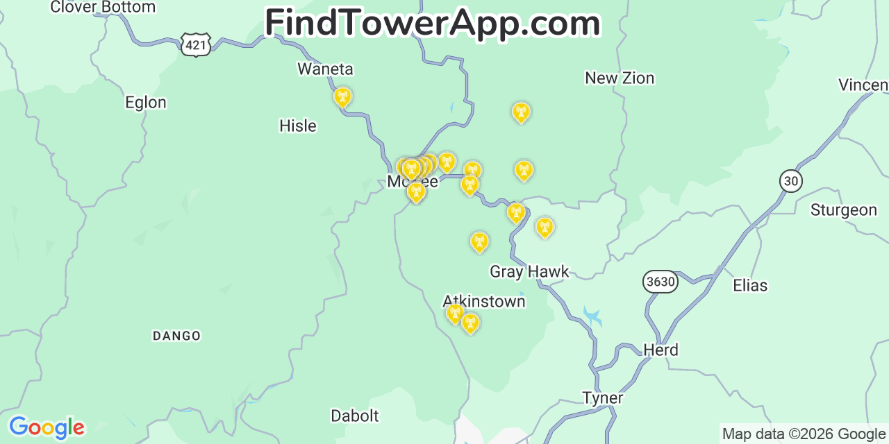 Map showing the 20 primary cell tower locations detected in Jackson, Kentucky from AT&T, Verizon, and T-Mobile networks