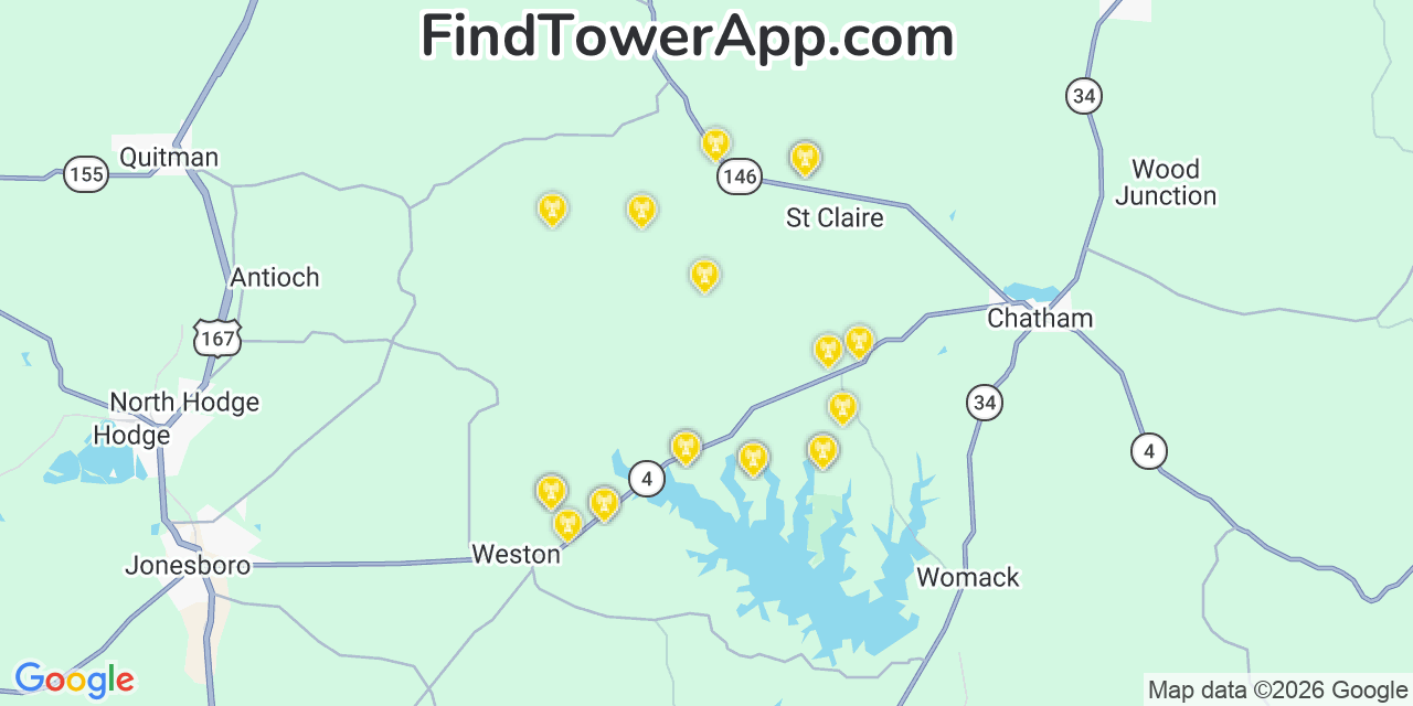 Map showing the 20 primary cell tower locations detected in Jackson, Louisiana from AT&T, Verizon, and T-Mobile networks