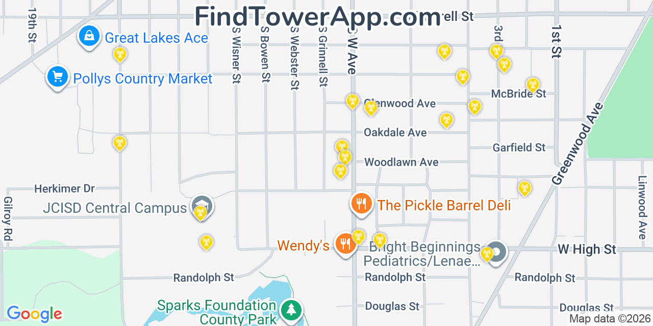 Map showing the 20 primary cell tower locations detected in Jackson, Michigan from AT&T, Verizon, and T-Mobile networks