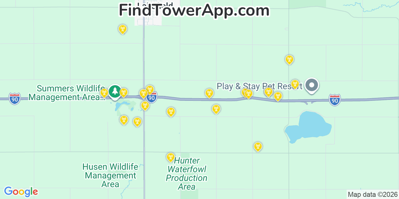 Map showing the 20 primary cell tower locations detected in Jackson, Minnesota from AT&T, Verizon, and T-Mobile networks