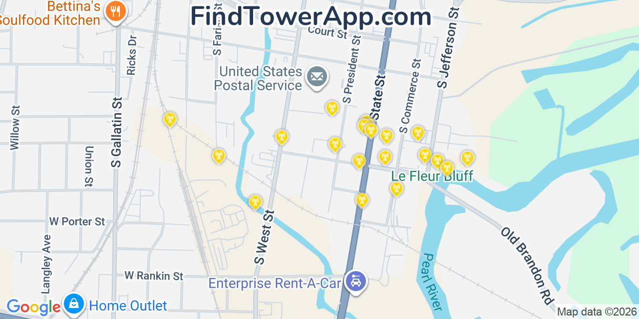 Map showing the 20 primary cell tower locations detected in Jackson, Mississippi from AT&T, Verizon, and T-Mobile networks