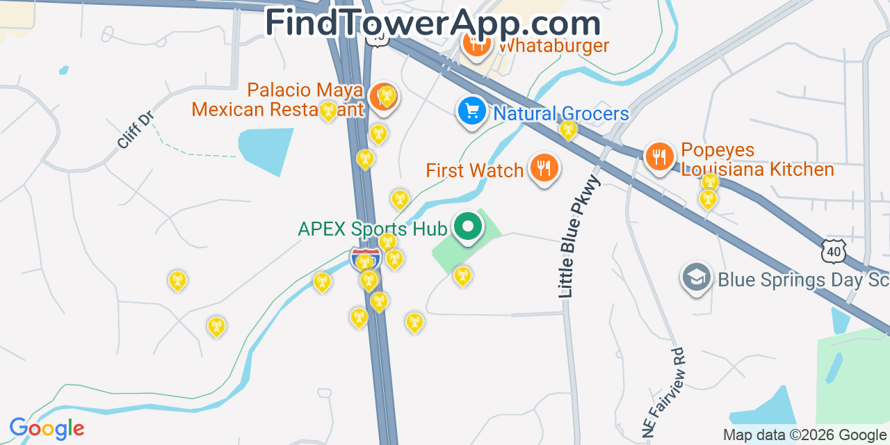 Map showing the 20 primary cell tower locations detected in Jackson, Missouri from AT&T, Verizon, and T-Mobile networks