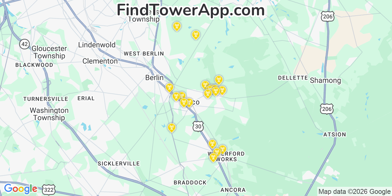 Map showing the 20 primary cell tower locations detected in Jackson, New Jersey from AT&T, Verizon, and T-Mobile networks
