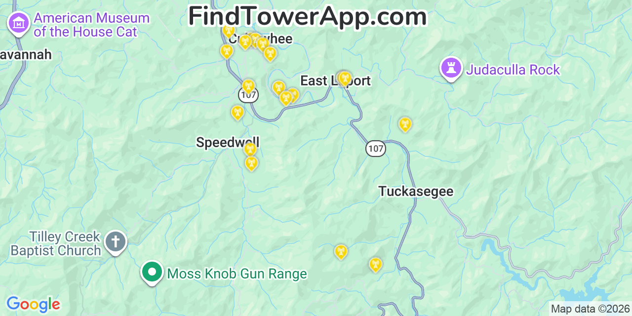 Map showing the 20 primary cell tower locations detected in Jackson, North Carolina from AT&T, Verizon, and T-Mobile networks
