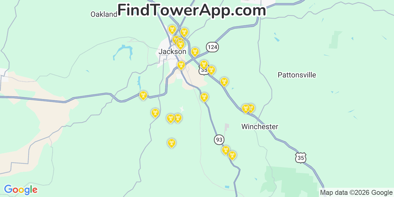 Map showing the 20 primary cell tower locations detected in Jackson, Ohio from AT&T, Verizon, and T-Mobile networks