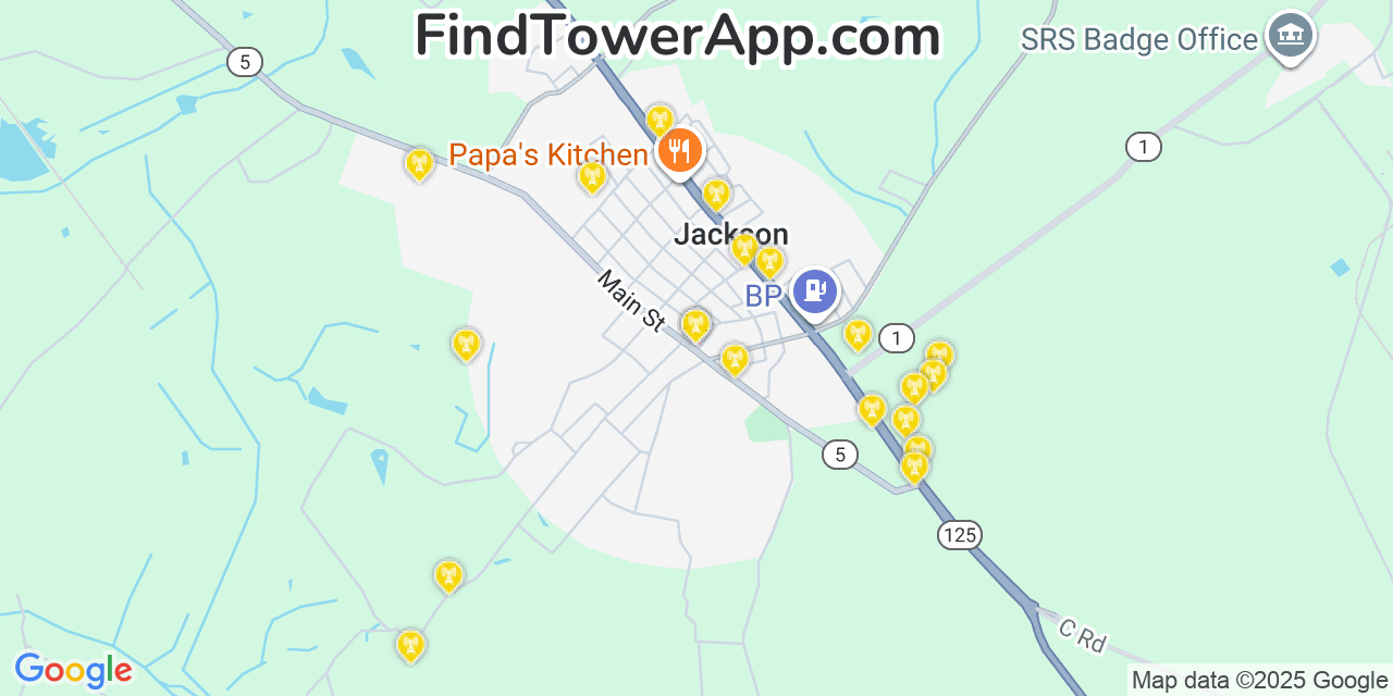 Map showing the 20 primary cell tower locations detected in Jackson, South Carolina from AT&T, Verizon, and T-Mobile networks