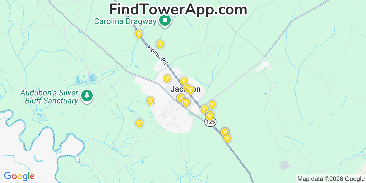 Map showing the 20 primary cell tower locations detected in Jackson, South Carolina from AT&T, Verizon, and T-Mobile networks