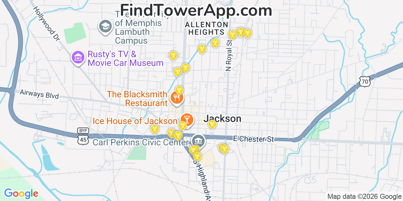Map showing the 20 primary cell tower locations detected in Jackson, Tennessee from AT&T, Verizon, and T-Mobile networks