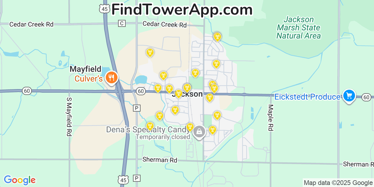 Map showing the 20 primary cell tower locations detected in Jackson, Wisconsin from AT&T, Verizon, and T-Mobile networks