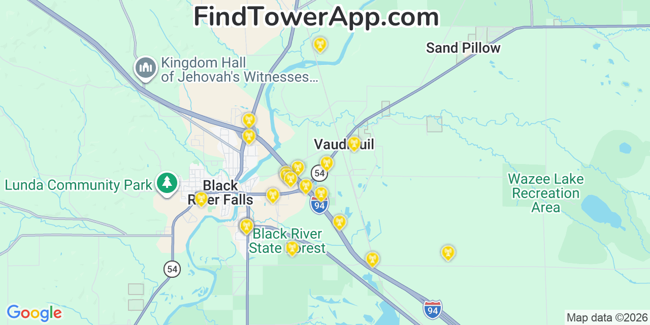 Map showing the 20 primary cell tower locations detected in Jackson, Wisconsin from AT&T, Verizon, and T-Mobile networks