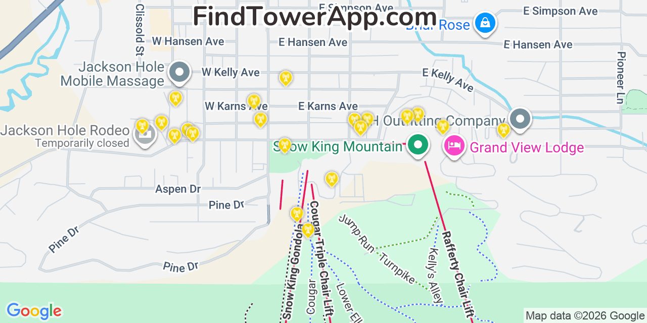 Map showing the 20 primary cell tower locations detected in Jackson, Wyoming from AT&T, Verizon, and T-Mobile networks