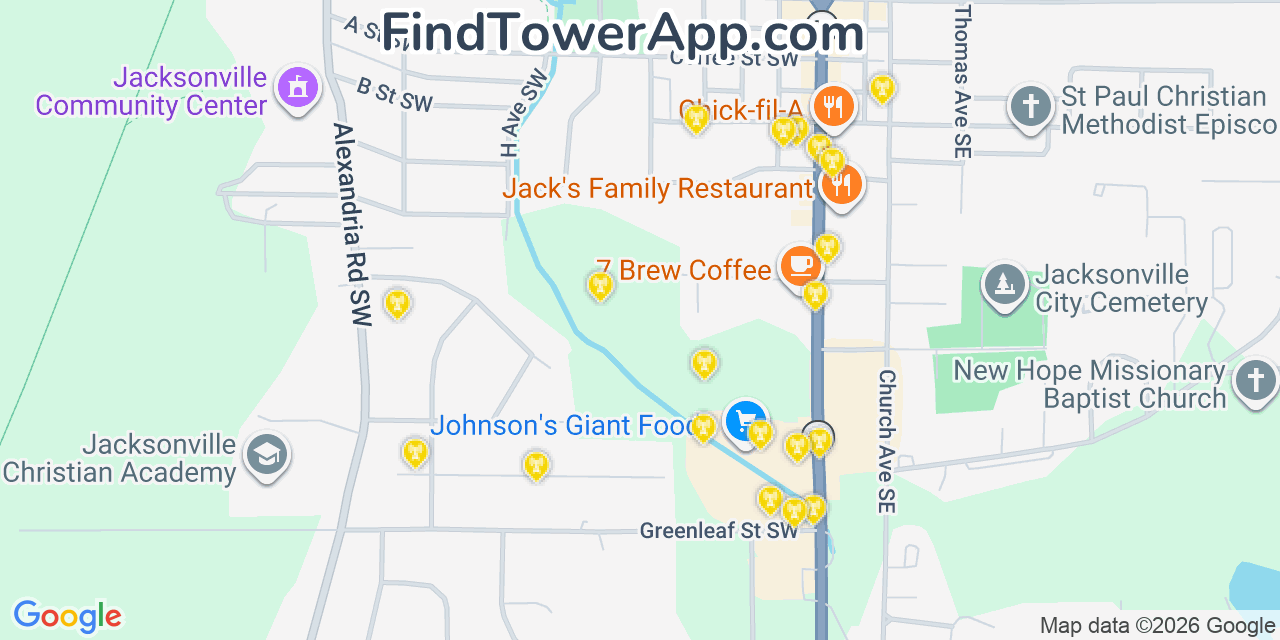 Map showing the 20 primary cell tower locations detected in Jacksonville, Alabama from AT&T, Verizon, and T-Mobile networks