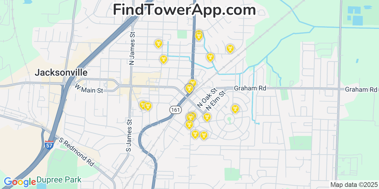 Map showing the 20 primary cell tower locations detected in Jacksonville, Arkansas from AT&T, Verizon, and T-Mobile networks