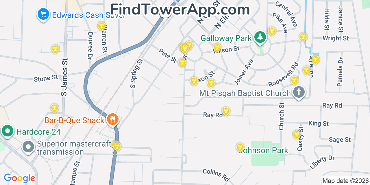 Map showing the 20 primary cell tower locations detected in Jacksonville, Arkansas from AT&T, Verizon, and T-Mobile networks