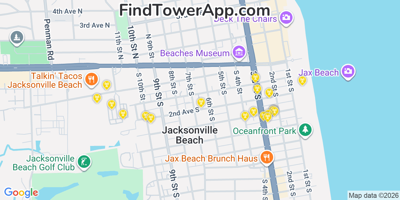 Map showing the 20 primary cell tower locations detected in Jacksonville Beach, Florida from AT&T, Verizon, and T-Mobile networks