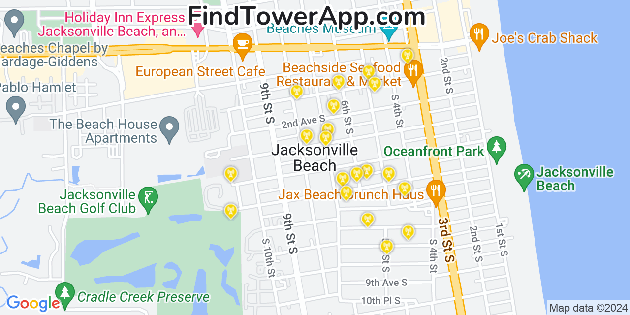 Verizon 4G/5G cell tower coverage map Jacksonville Beach, Florida