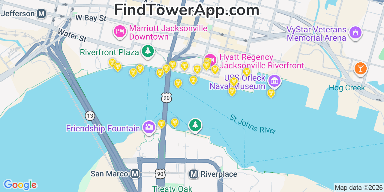 Map showing the 20 primary cell tower locations detected in Jacksonville, Florida from AT&T, Verizon, and T-Mobile networks