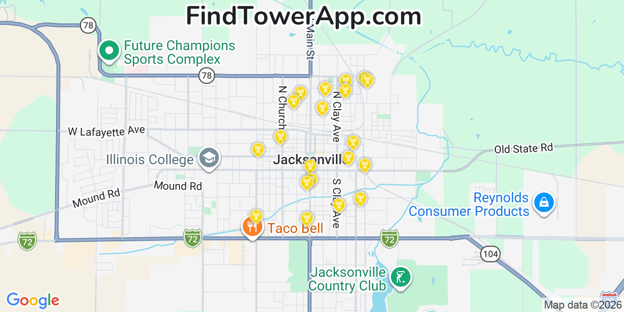 Map showing the 20 primary cell tower locations detected in Jacksonville, Illinois from AT&T, Verizon, and T-Mobile networks
