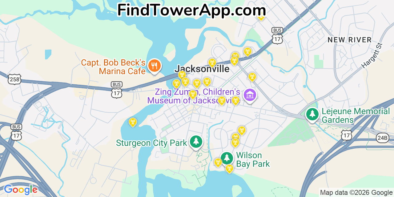 Map showing the 20 primary cell tower locations detected in Jacksonville, North Carolina from AT&T, Verizon, and T-Mobile networks