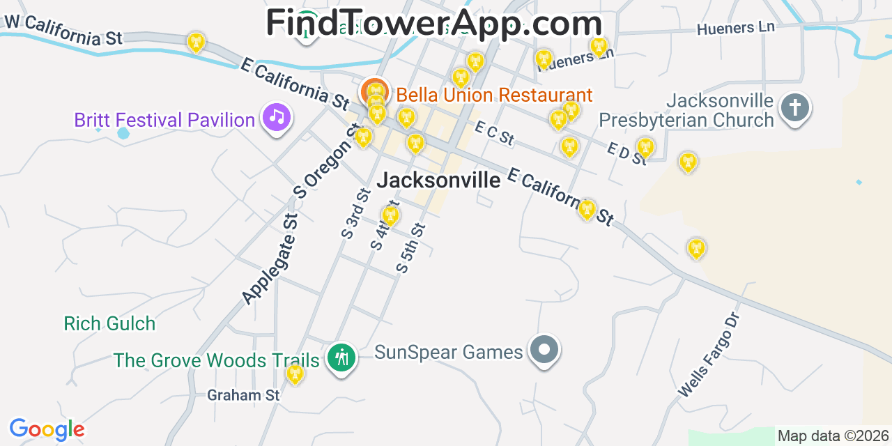 Map showing the 20 primary cell tower locations detected in Jacksonville, Oregon from AT&T, Verizon, and T-Mobile networks