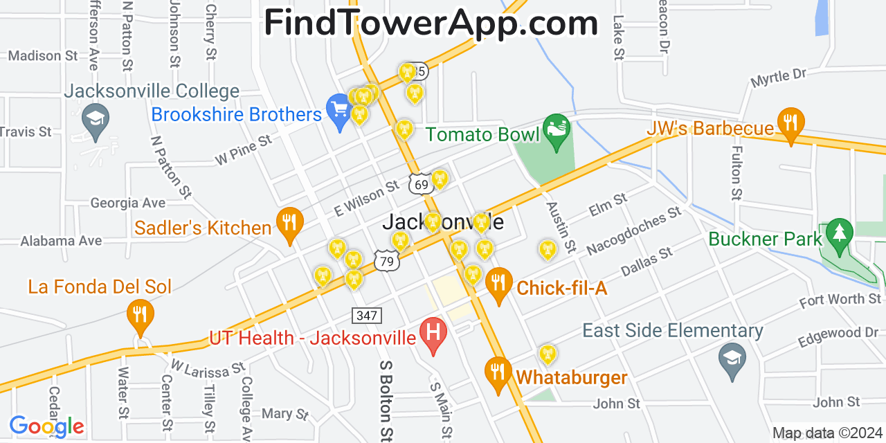 AT&T 4G/5G cell tower coverage map Jacksonville, Texas