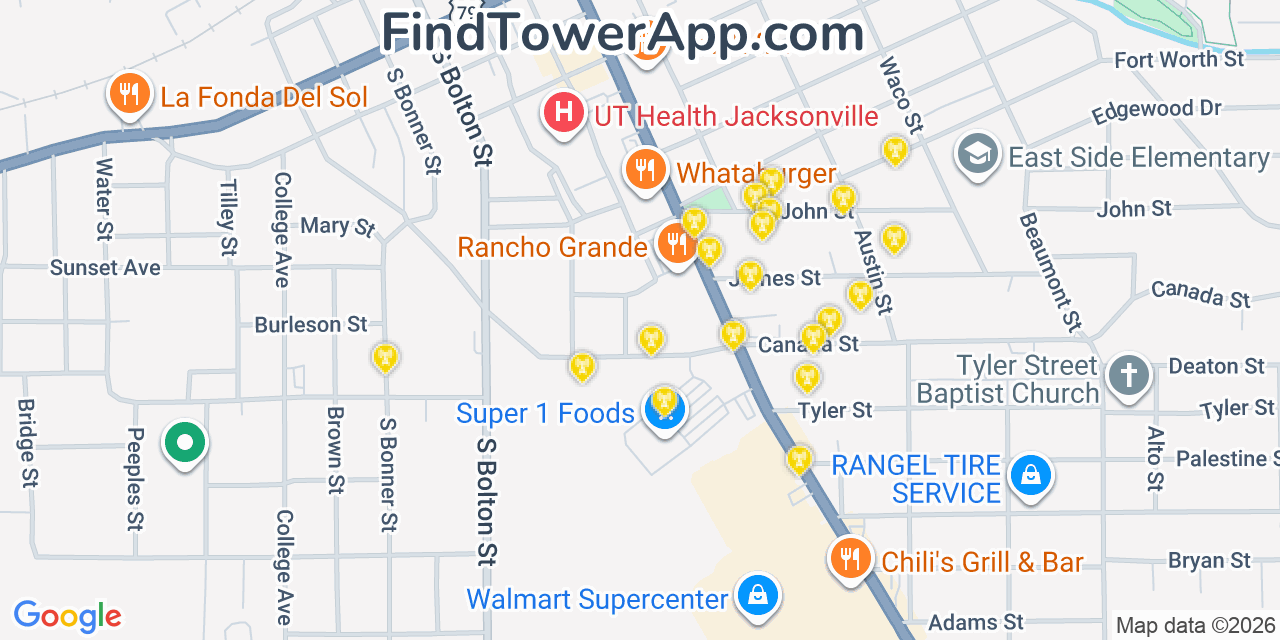 Map showing the 20 primary cell tower locations detected in Jacksonville, Texas from AT&T, Verizon, and T-Mobile networks