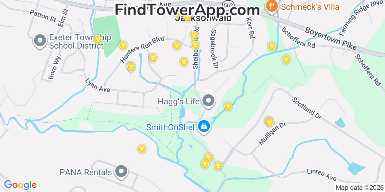 Map showing the 20 primary cell tower locations detected in Jacksonwald, Pennsylvania from AT&T, Verizon, and T-Mobile networks