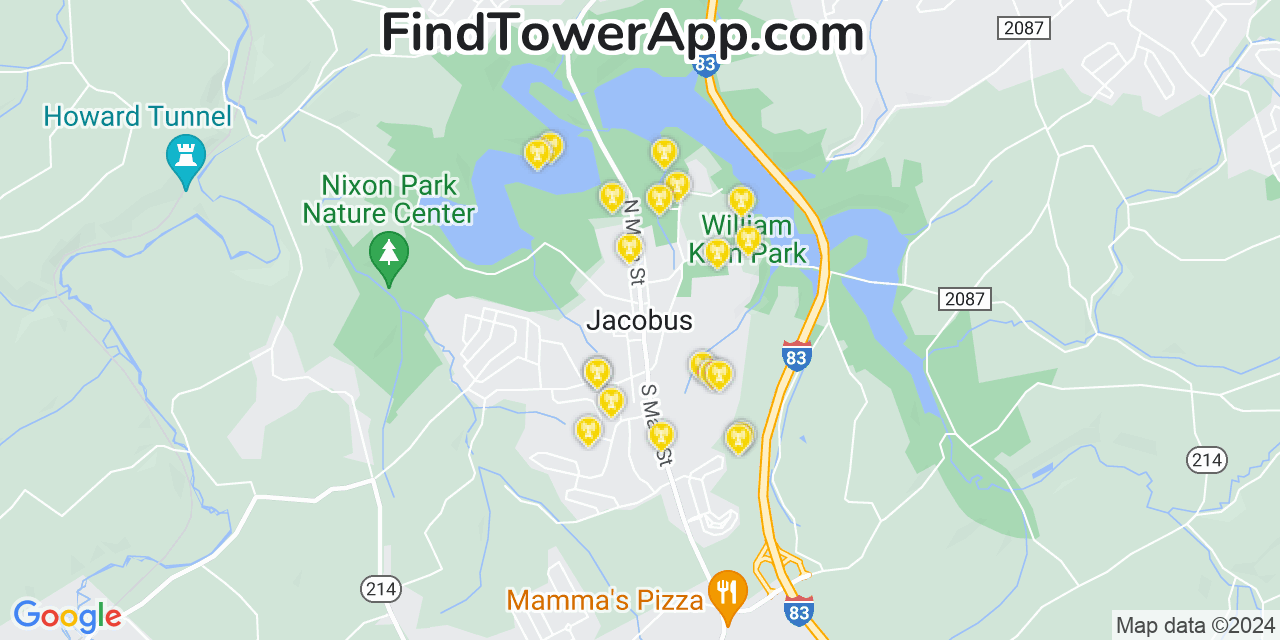 AT&T 4G/5G cell tower coverage map Jacobus, Pennsylvania