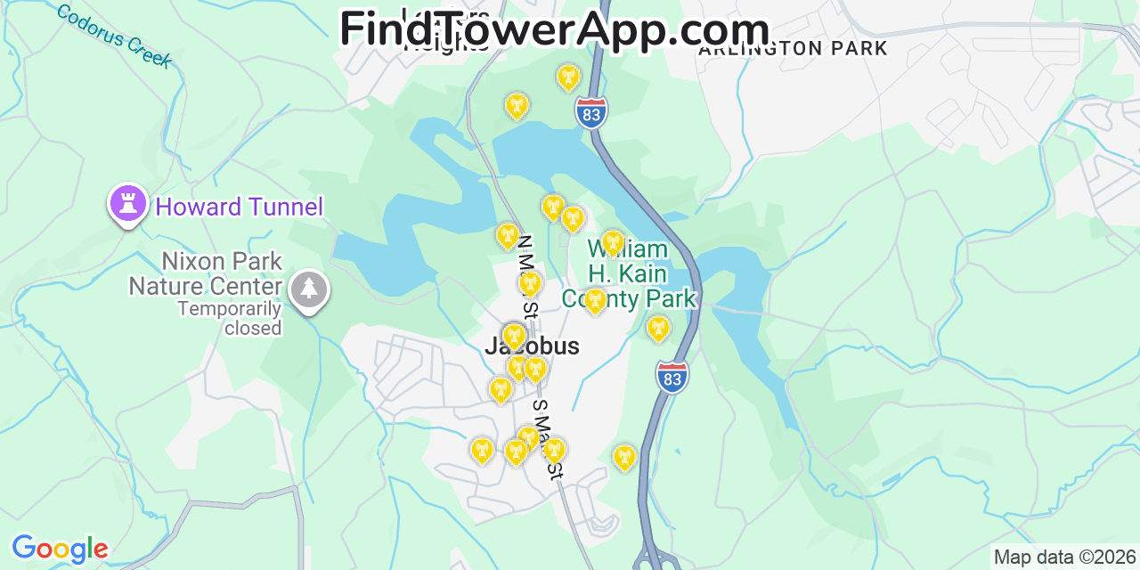 Map showing the 20 primary cell tower locations detected in Jacobus, Pennsylvania from AT&T, Verizon, and T-Mobile networks