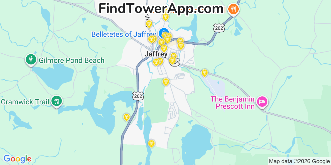 Map showing the 20 primary cell tower locations detected in Jaffrey, New Hampshire from AT&T, Verizon, and T-Mobile networks