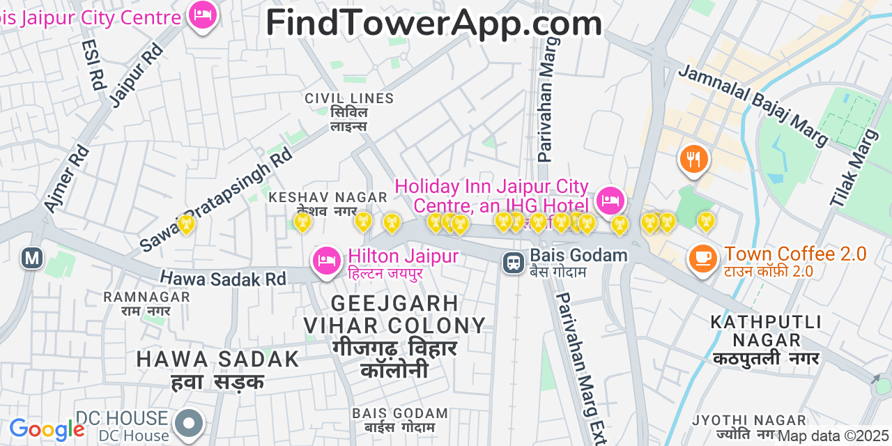 Map showing the 20 primary cell tower locations detected in Jaipur, India with coverage areas and signal strength