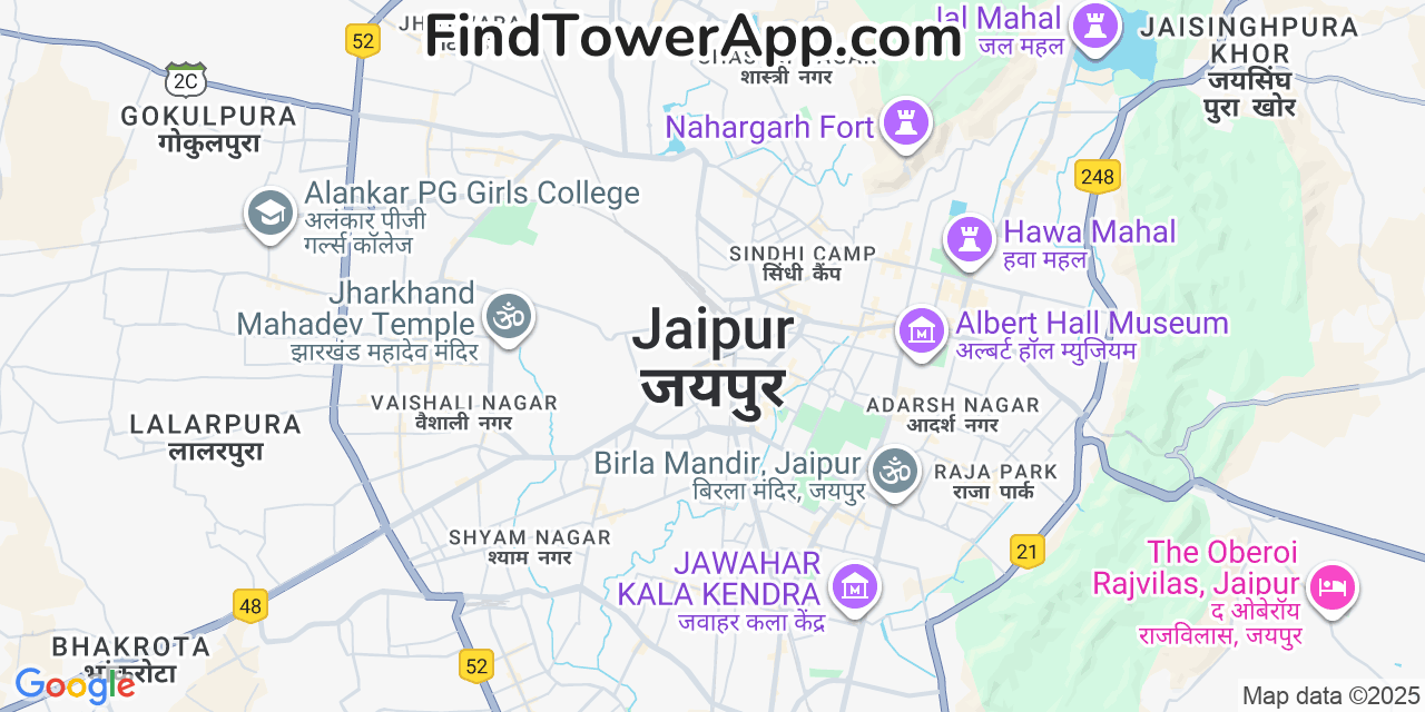 Map showing the 0 primary Tamil-Nadu cell tower locations detected in Jaipur, India with coverage radius and signal strength indicators