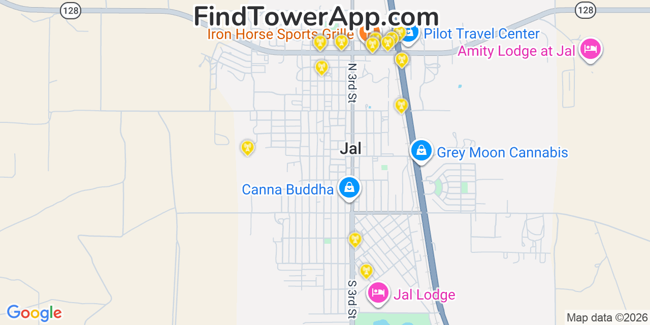 Map showing the 20 primary cell tower locations detected in Jal, New Mexico from AT&T, Verizon, and T-Mobile networks