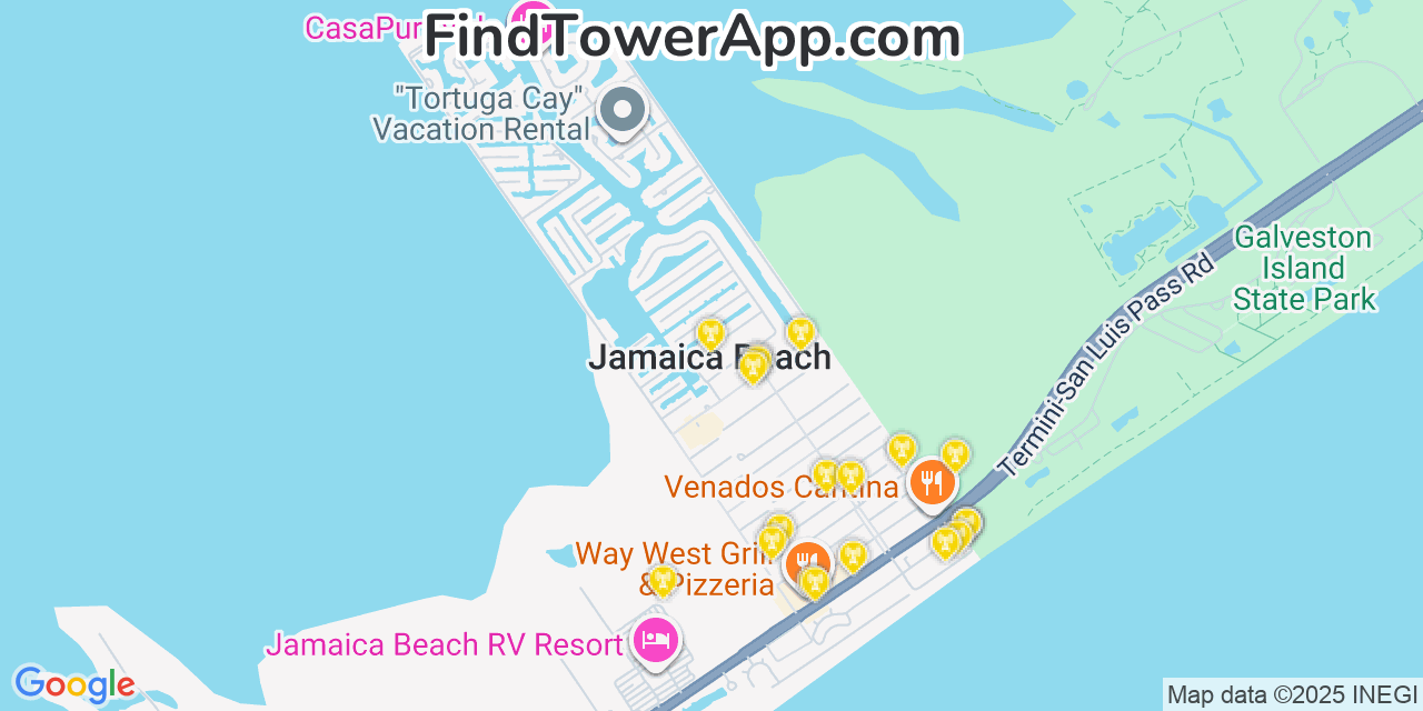 Map showing the 20 primary cell tower locations detected in Jamaica Beach, Texas from AT&T, Verizon, and T-Mobile networks