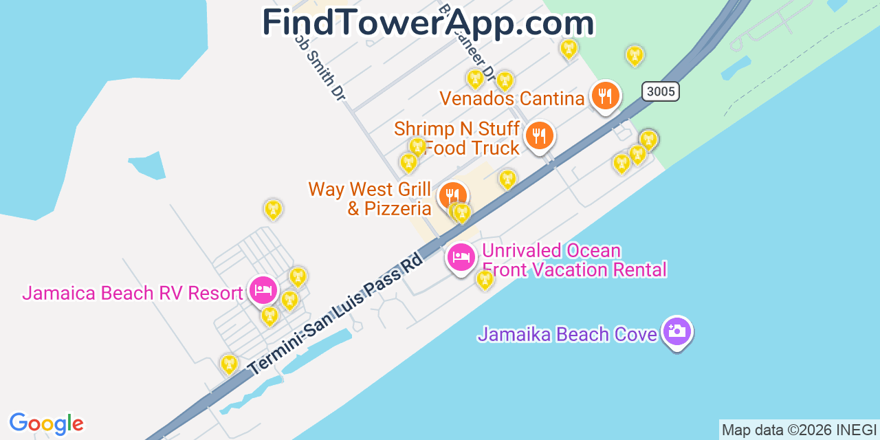 Map showing the 20 primary cell tower locations detected in Jamaica Beach, Texas from AT&T, Verizon, and T-Mobile networks
