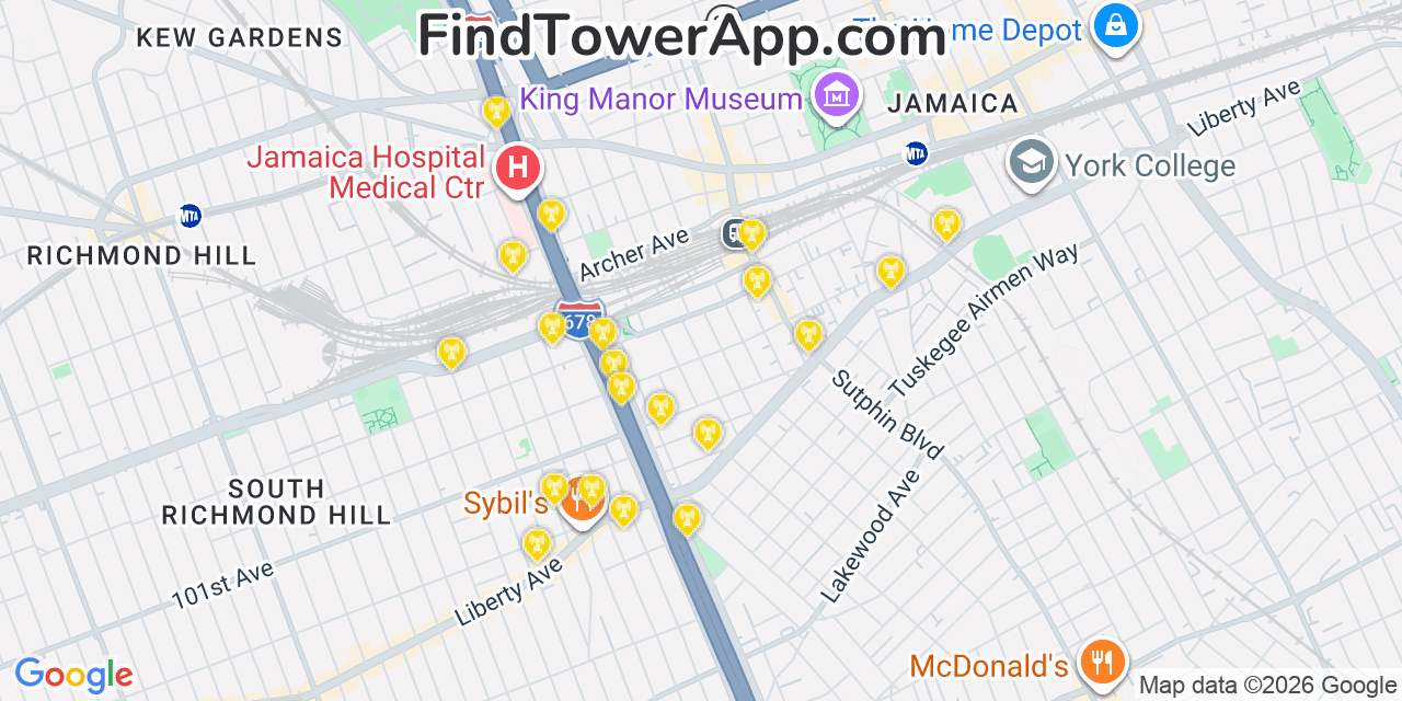 Map showing the 20 primary cell tower locations detected in Jamaica, New York from AT&T, Verizon, and T-Mobile networks