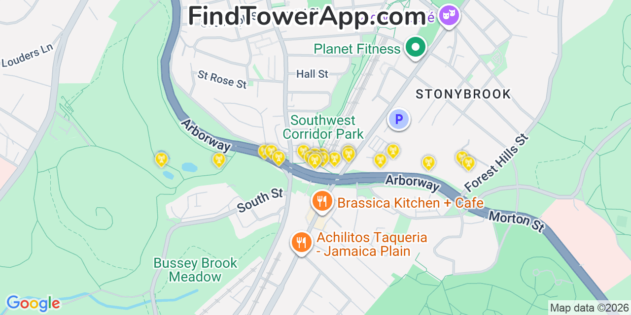 Map showing the 20 primary cell tower locations detected in Jamaica Plain, Massachusetts from AT&T, Verizon, and T-Mobile networks